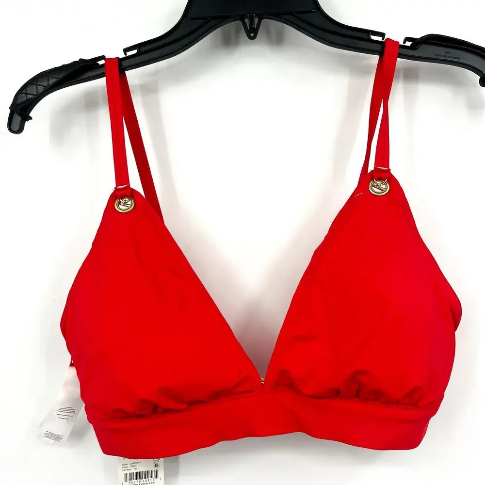 LAUREN RALPH LAUREN Toggle V Neck Bikini Top Size 14 Red Beach Club Solids NWT